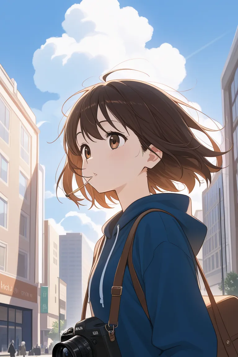 a girl walking through the middle of the city during the day time with a heavy wind blowing on her hair, with the camera angle is low down and DYNAMIC, and also there's a cloud on the background, MAKE IT DYNAMIC, MAKE THE BACKGROUND MORE DYNAMIC 