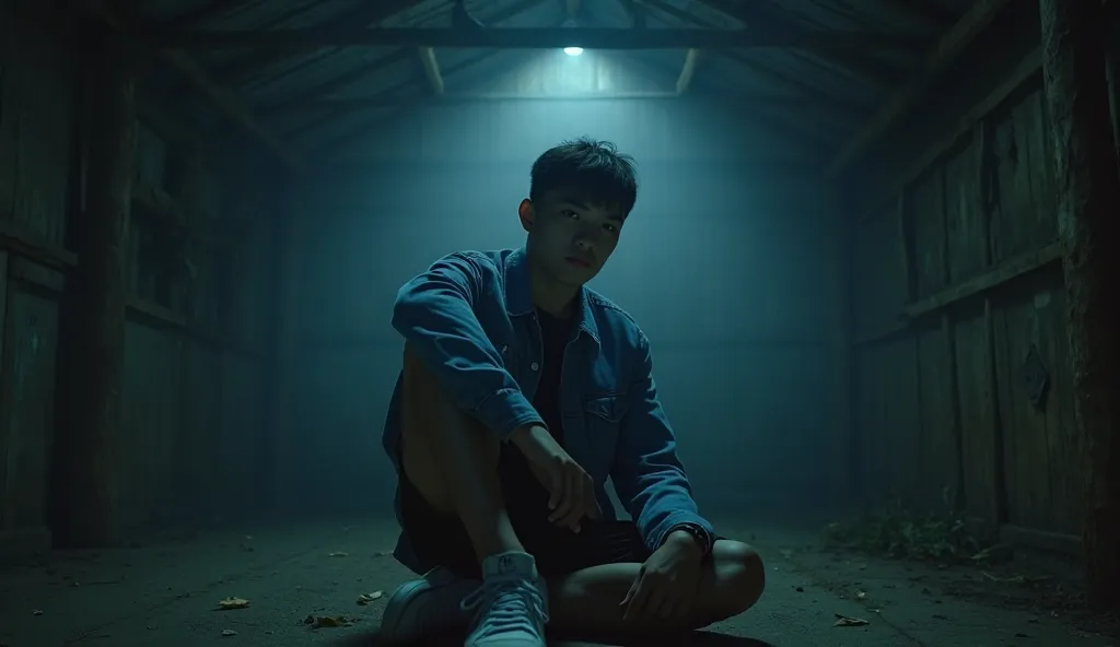 photography, professional photo, 20 year old Indonesian male ager with short hair and bangs, wearing a blue denim jacket, black shorts, white sneakers, sitting in a hut with wooden walls, at night the atmosphere is tense, creepy, thick fog, horror film