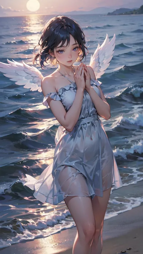 Beautiful angel、they are putting their hands together to offer prayers while being illuminated by soft light、Moonlit Night Sandy Beach、Praying to the ocean
