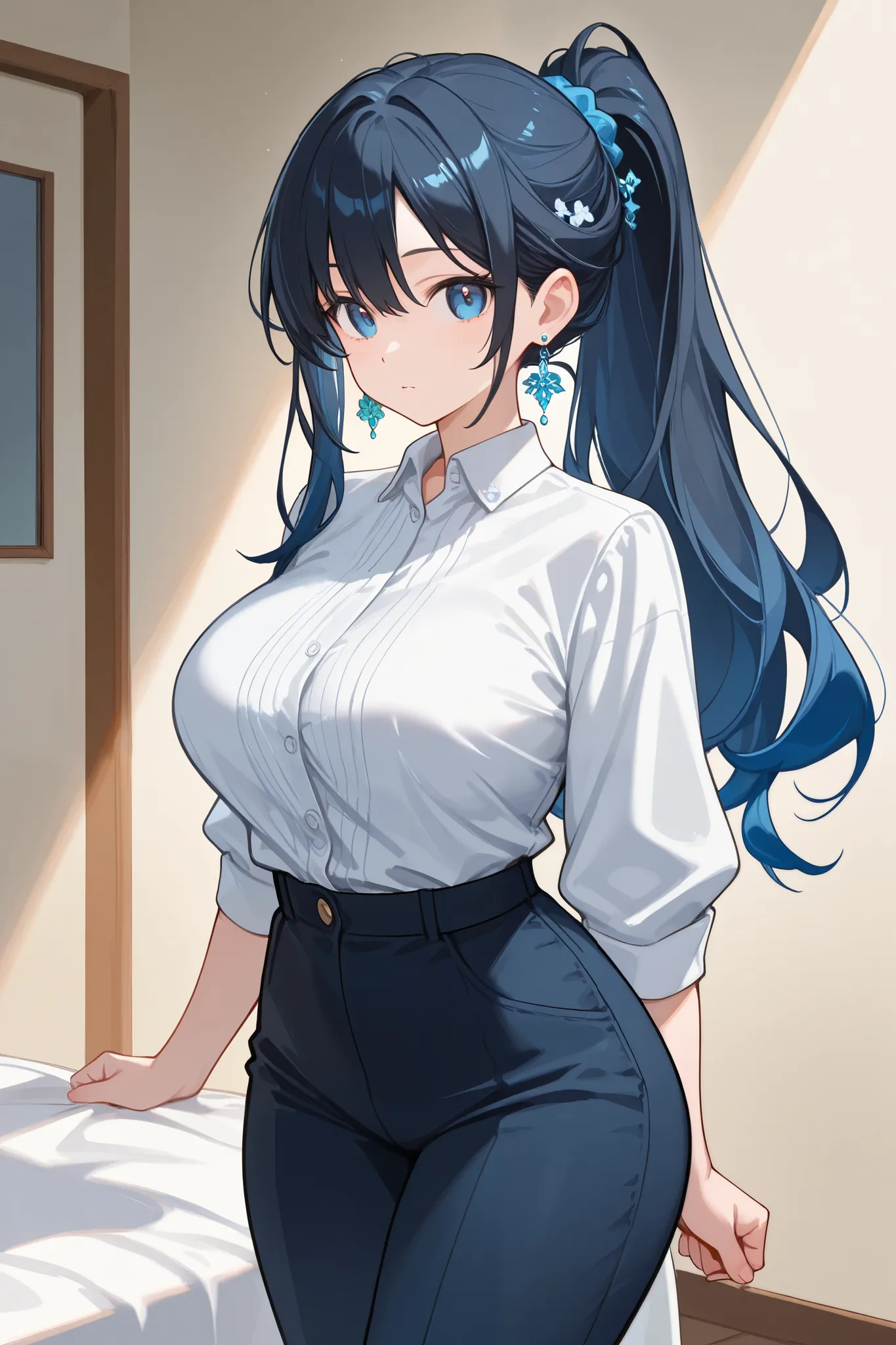 1 girl, Hair tied in ponytail, Black hair with some blue hair on the edges., blue eyes, but not bright, curvy body, wear a sexy work outfit, หน้าอกไซส์ปานกลาง, have a sliver earrings.