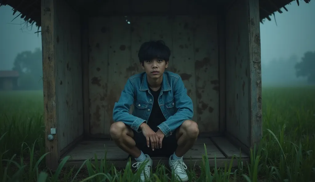 photography, professional photo, 20 year old Indonesian male ager with short hair and bangs, wearing a blue denim jacket, black shorts, white sneakers, sitting in a hut with plywood walls, in a rice field at night, the atmosphere is tense, creepy, thick fo...