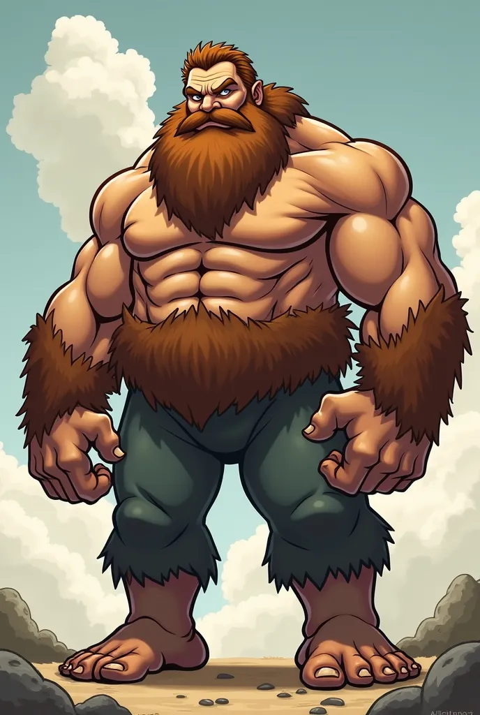 ### **The appearance of the giant:**  

- **Enormously tall**, many times larger than an average human.  
- **Muscular and powerful**, with bulging muscles full of strength.  
- **Fierce face**, with large, bulging eyes that look menacing.  
- **Thick, bus...