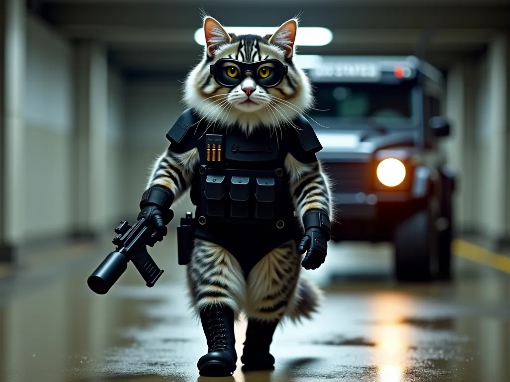 
"Ultra-realistic 4K cinematic image of a fluffy gray-and-white Maine Coon cat in full black tactical gear, including black combat boots, a high-tech tactical vest with multiple pouches, black gloves, and dark tactical goggles positioned over its golden ey...