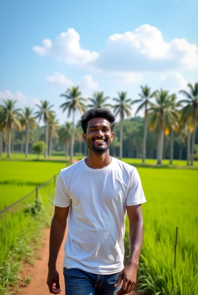 The Kerala man, now outdoors, walking along a lush green path, with coconut trees and a clear blue sky in the background. He's smiling peacefully, looking relaxed and happy. Natural lighting, emphasizing the beauty of the Kerala landscape