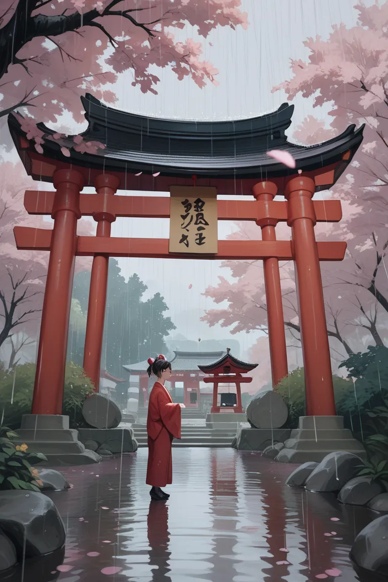 Foxes gathering in a cherry blossom tree, Akai Torii, Old Shrine, stone lantern, rain, haze,