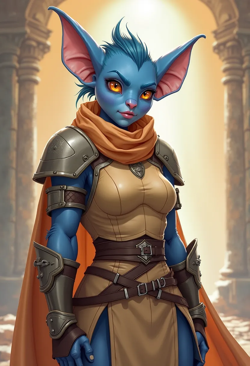 realistic anime animation of female nerdy fun-loving whimsical ((blue-skinned tiefling)) in snug tan/beige leather armor, skin furry like a fuzzy peach, D&D, fantasy, no background