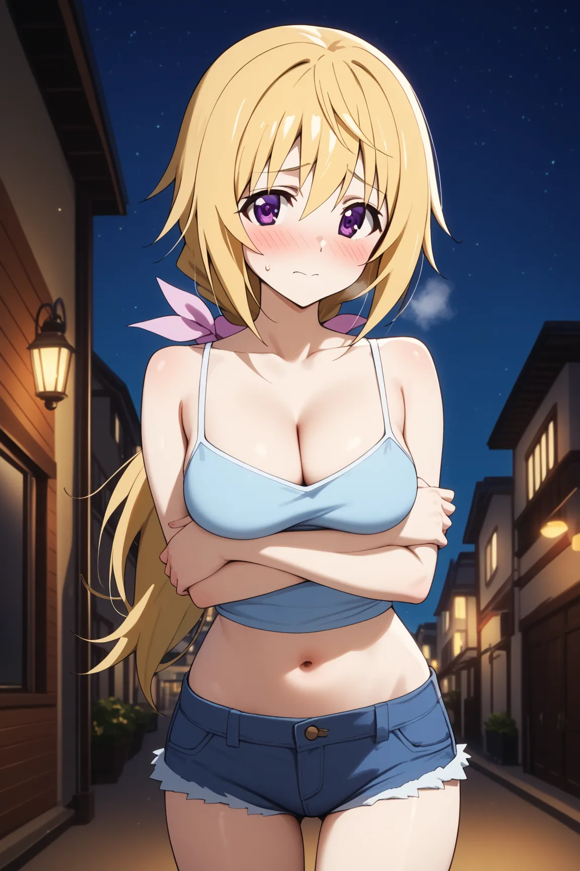 masterpiece,best quality,{{detailed beautiful face and eyes}}, very detailed background,
Charlotte Dunois,{{{megami magazine}}},long hair,blonde hair,low ponytail,hair ribbon,pink ribbon,purple eyes,medium breasts,
camisole, bare shoulders, cleavage, crop ...