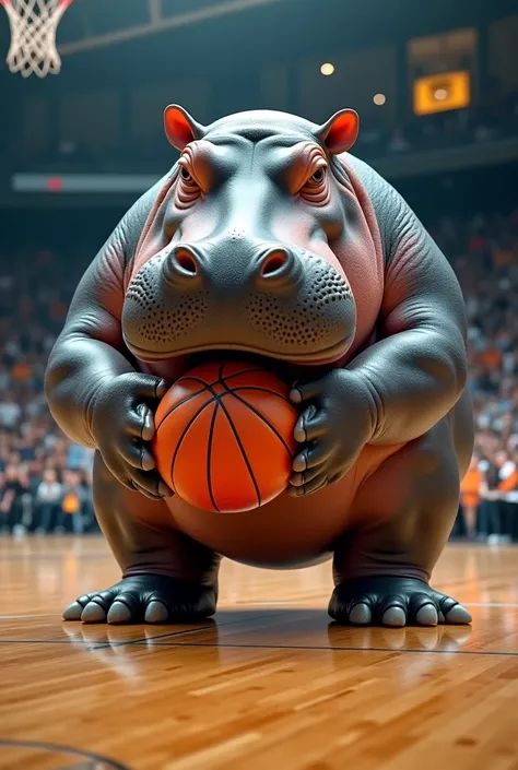 A HIPPO PLAYING A BASKETBALL SHOT