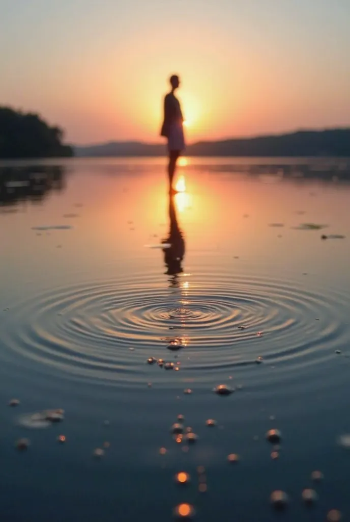 gentle ripples spread out on the lake surface、One person stands on a quiet lakeside, reflective lake. figure, standing behind the camera, symbolizing tears, showing gentle colors of the sunset. expressing the power to live、staring at the surface of the wat...