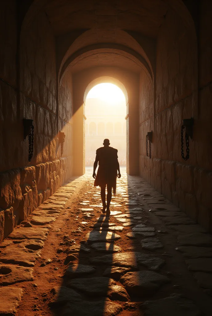 Ultra-realistic cinematic animation, first-person POV.
The scene begins just after the cell gate opens. The POV perspective shows only the gladiator’s hands swinging naturally as he walks down a long, dark stone corridor. The air is cold and damp, with anc...