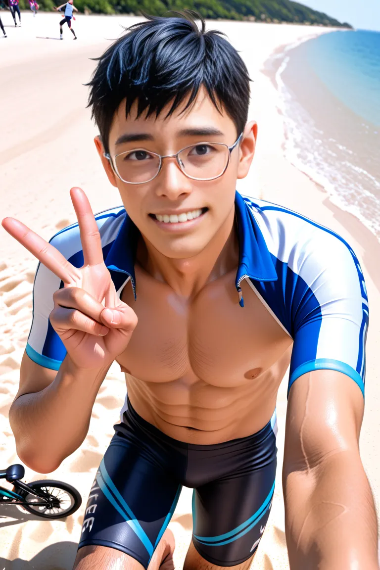 selfie、best image quality、super realistic、semi-long、　center division、Narrow eyes、Japanese、 middle school boy、 shirtless、Peace Sign、realistic、happy、attention、Spectators、angle from the front、fun atmosphere、Background Beach、top quality、Powerful、 1 boy、Obscene...