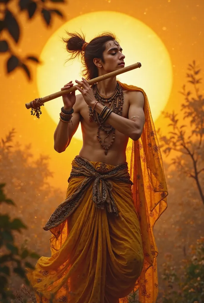 A young, male, South Asian subject, likely in his late s or early twenties, is depicted as the Hindu deity Krishna. He is centered in the image, and is portrayed in a dynamic pose, playing a flute. He is dressed in traditional Indian attire, featuring a vi...