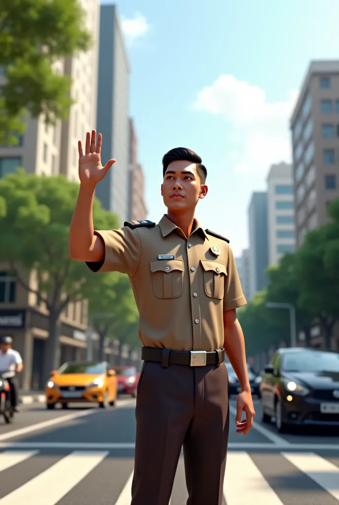 make me a 3d realistic picture of an Indonesian policeman regulating traffic with a light brown shirt and dark brown pants