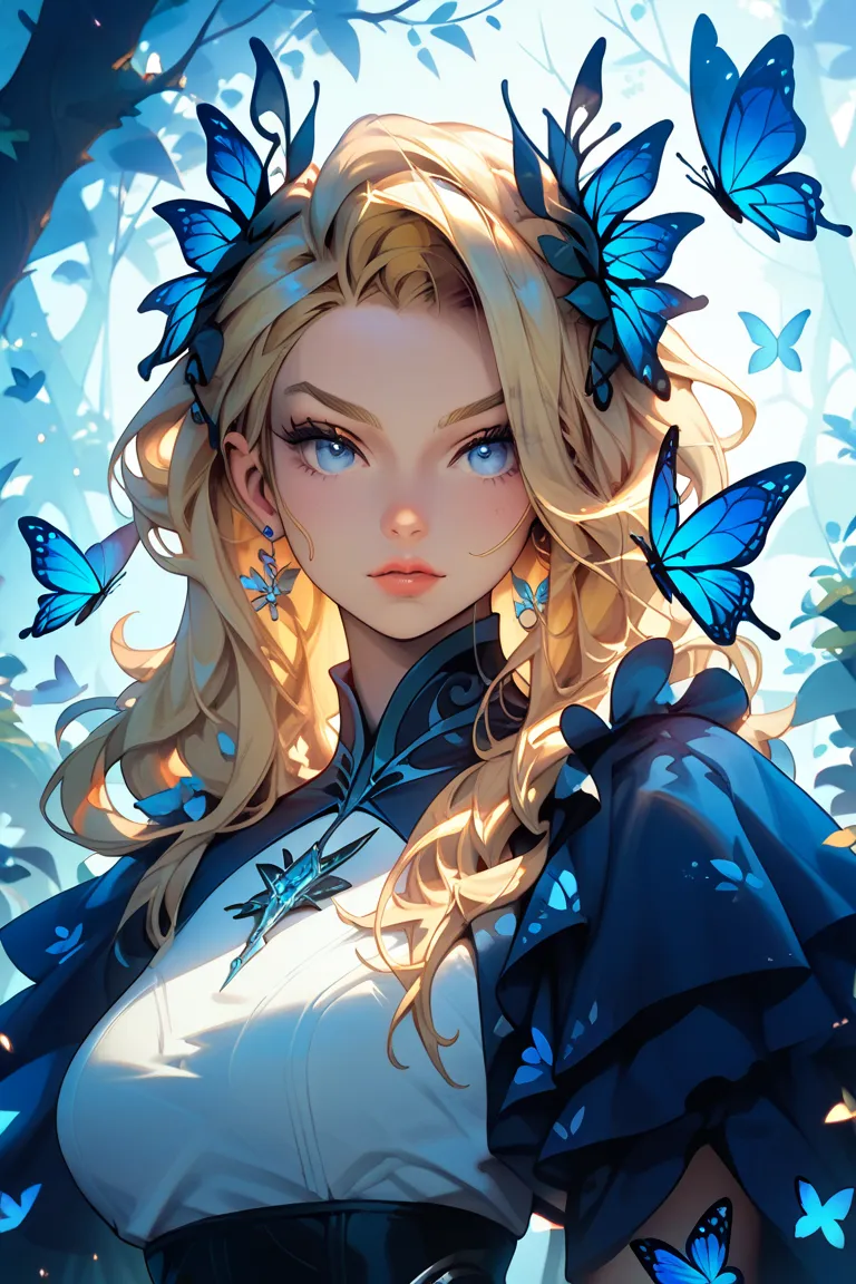 beautiful fae looking at the viewer, body toward viewer, chest forward, long blonde hair and blue eyes, medium shot, mischievous look, dark butterflies, moonlight, luminescent flora, fully clothed, thick build,