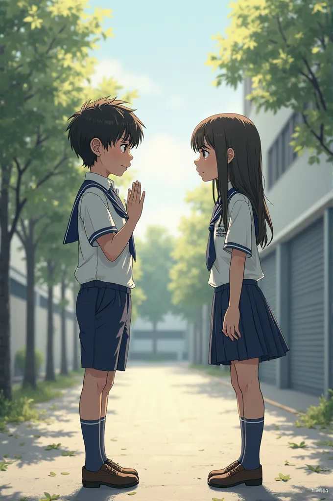  boy talking and begging his  partner as well, to forgive him with my hands in an attitude of imploring,both ren are in school uniforms and are in the schoolyard, illustration  