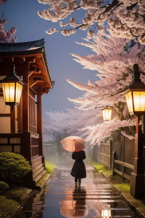 Foxes gathering in a cherry blossom tree, Dorothy, Scarecrow,Akai Torii, Old Shrine, stone lantern, rain, haze,