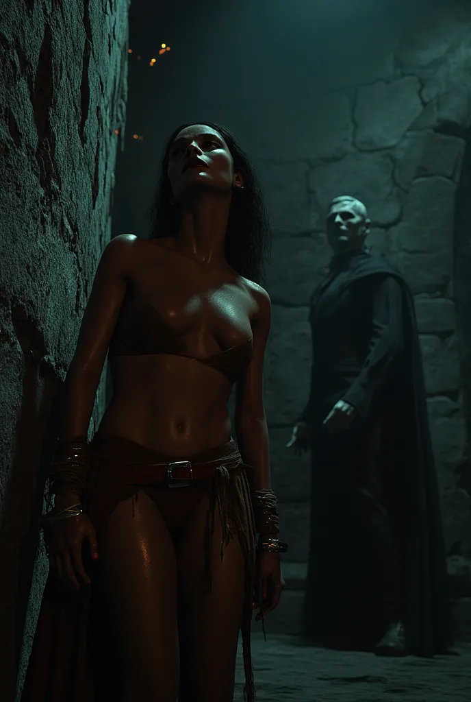 brown woman, 20 years, naked inside a dungeon . standing,  handcuffed to a stone wall . Threatened by Bela Lugosi Dracula. she is terrified.