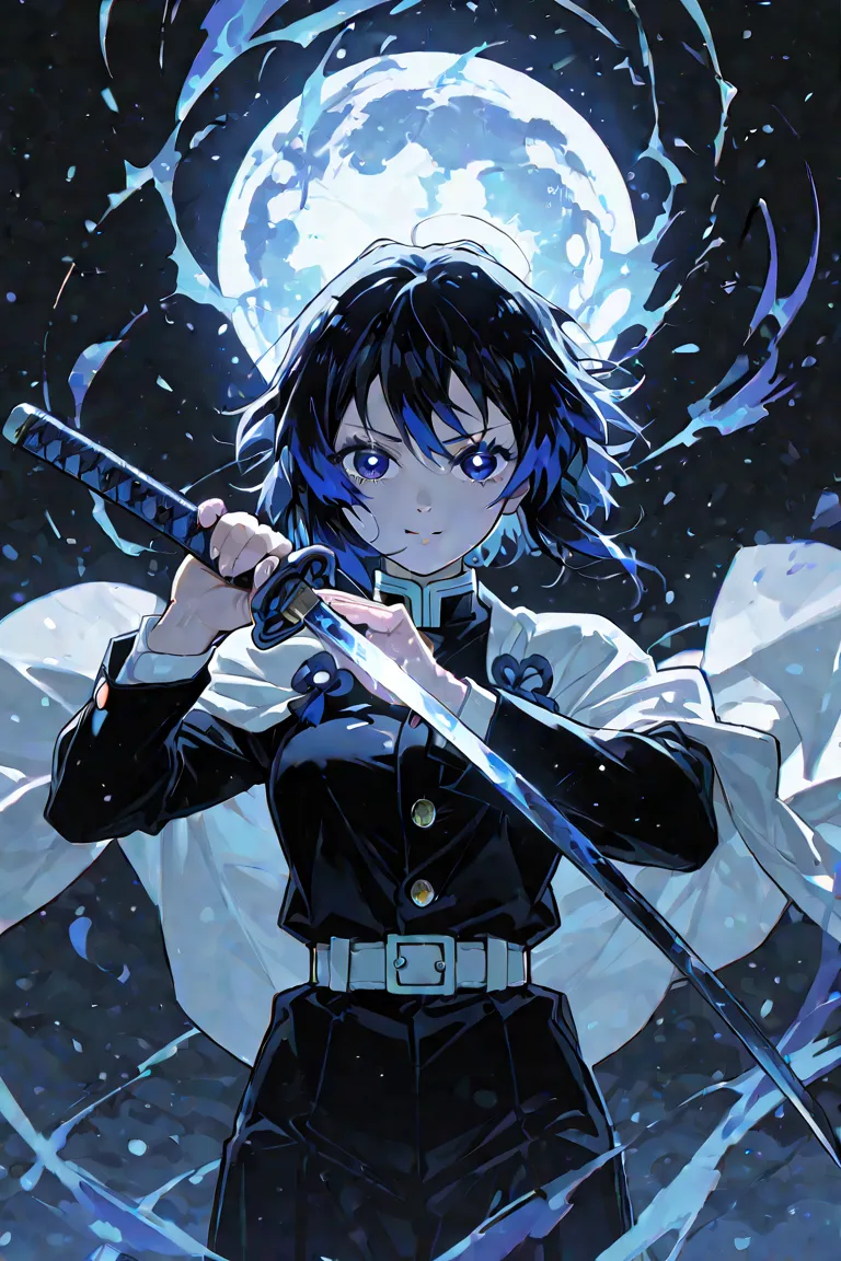 Demo slayer, a women with navy blue  and baby blue eye wit a katana on her hand, Ultra-high-definition images,  beautiful face while wearing a demon slayer uniform 