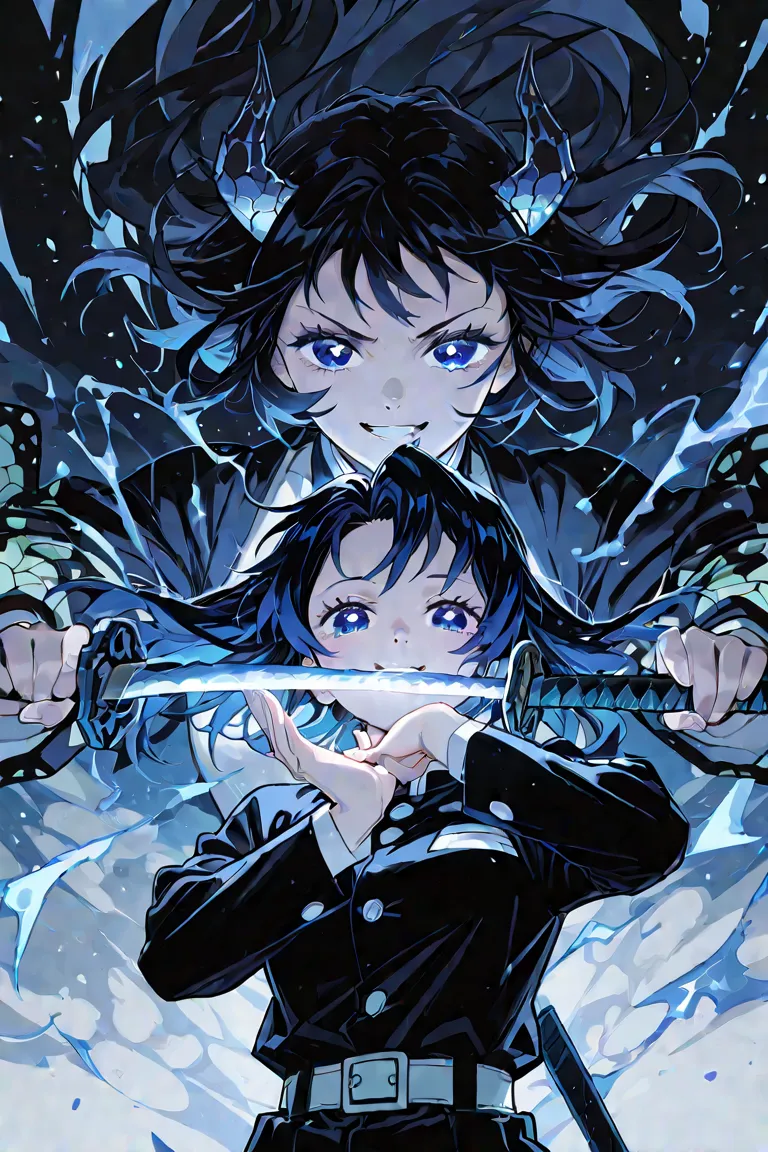 Demo slayer, a women with navy blue  and baby blue eye wit a katana on her hand, Ultra-high-definition images,  beautiful face while wearing a demon slayer uniform 