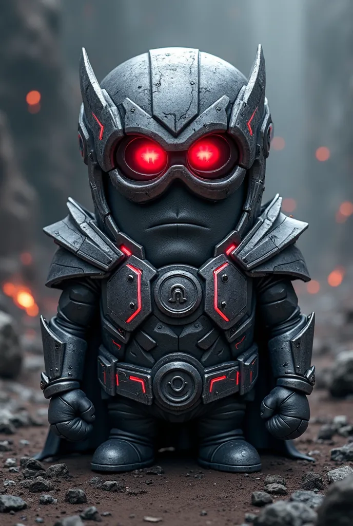 A hyper-realistic Minion dressed as Darkseid, wearing an imposing, battle-worn, dark metallic suit with large angular armor plates, resembling his classic look. The Minion’s body is oversized, with exaggerated muscular features, and its face is partially e...