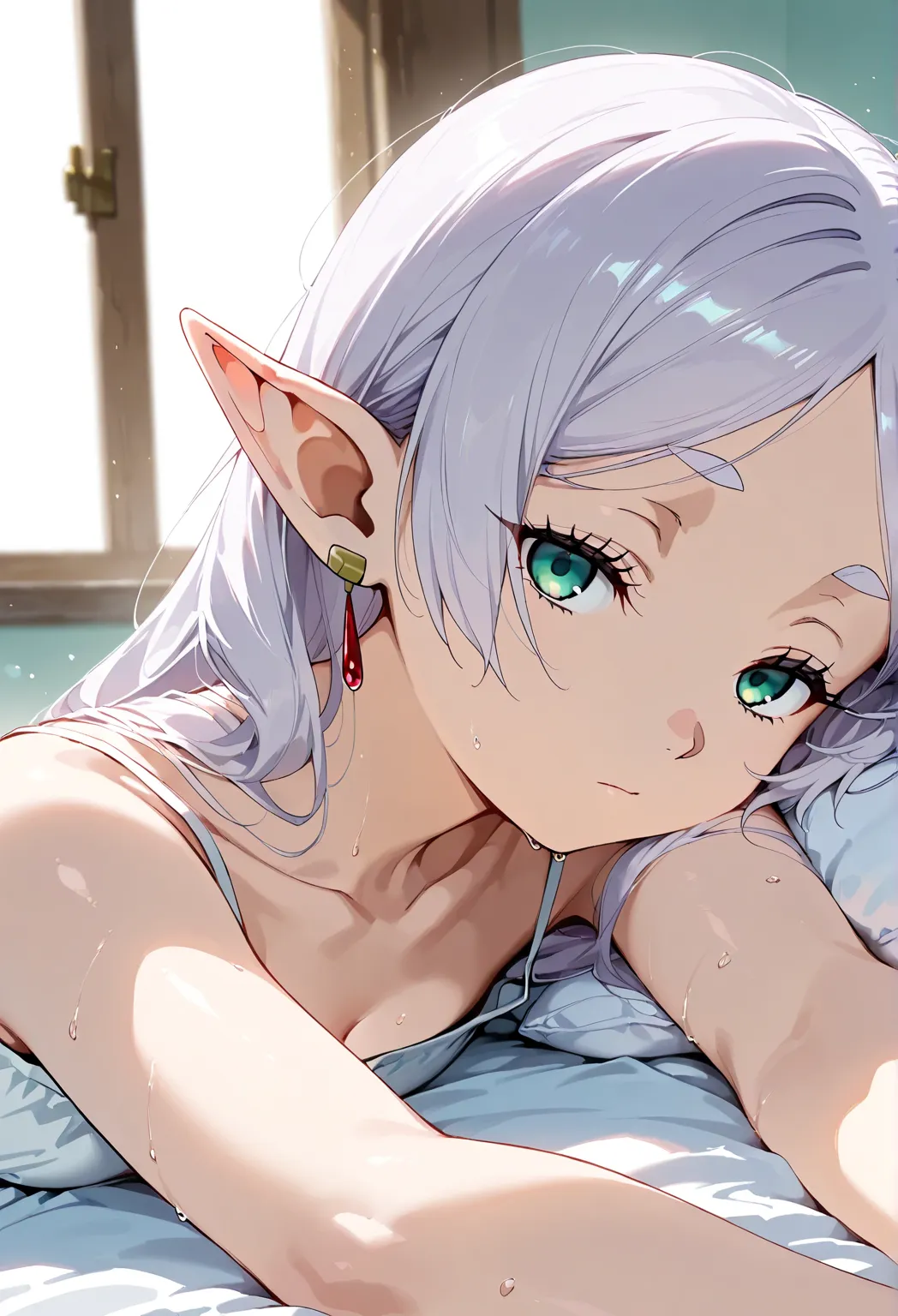 best quality, masterpiece, highres, solo, (frieren_sousounofrieren:1.10), 1girl, closed mouth, elf, upper body, bathing, collarbone,hair down, expressionless, looking at viewer, profile, anime_style, 28 Waking up, lying down, stretching ,bed,eye-level shot...