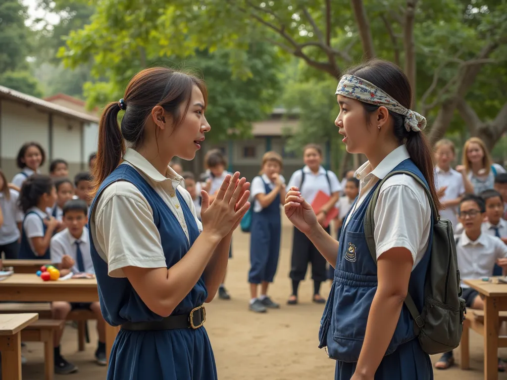 "A ager in a school uniform,  visibly frustrated , yelling at a middle-aged woman in an outdoor school environment. the woman, with simple clothes and a handkerchief covering one of the eyes, looks at the young man sadly. In the background, there are ren a...