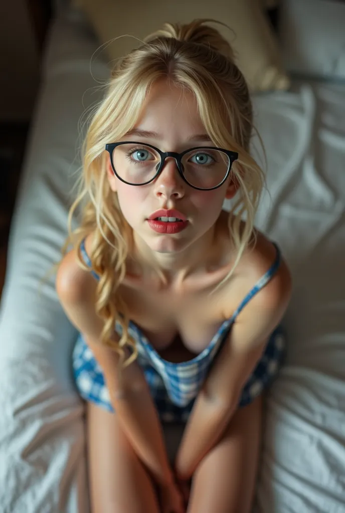 beautiful sexy little schoolgirls, thin, long blonde hair, blue eyes, beautiful floor, beautiful floor,  big red lips ,   dressed like a hooker  , tiny short blue checkered skirt, Does not wear a shirt, frightened, nice legs, beautiful floor, sitting on th...