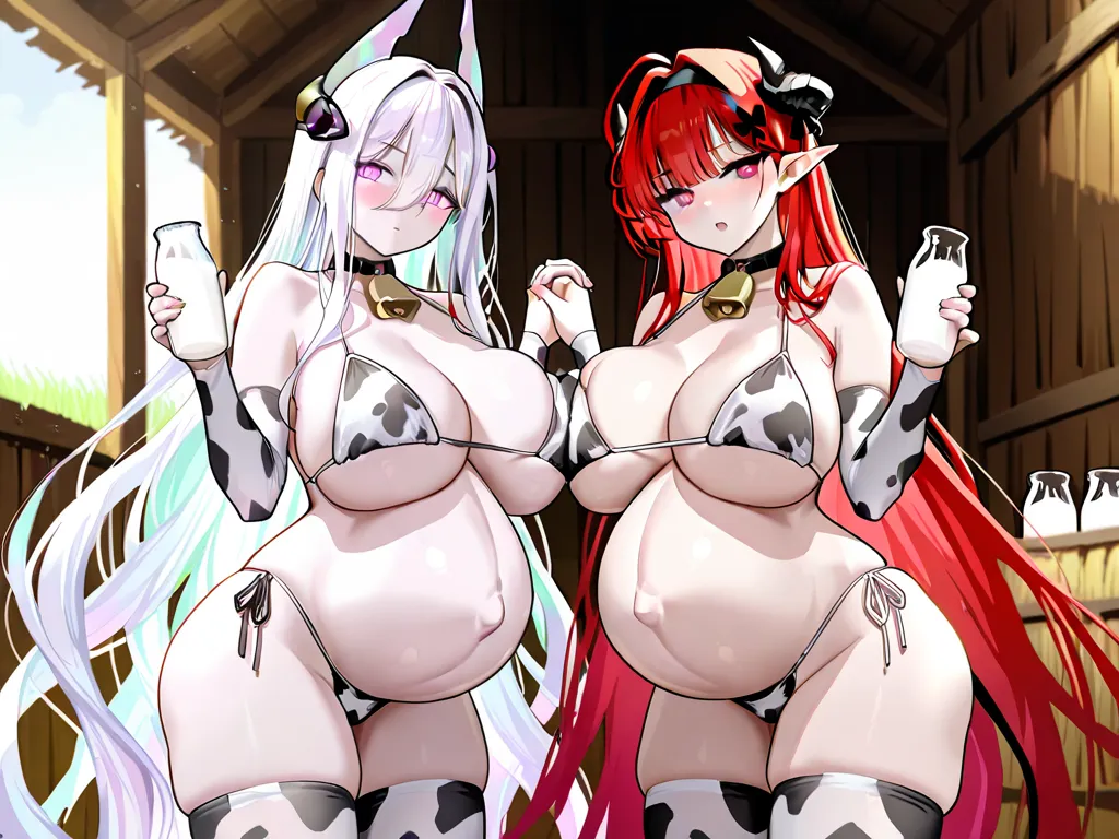 Kearsarge(azur lane), hindenburg(azur lane), large breasts, cow print, thick thighs, barn, pregnant, 2 girls, milk bottles, holding hands, heart eyes