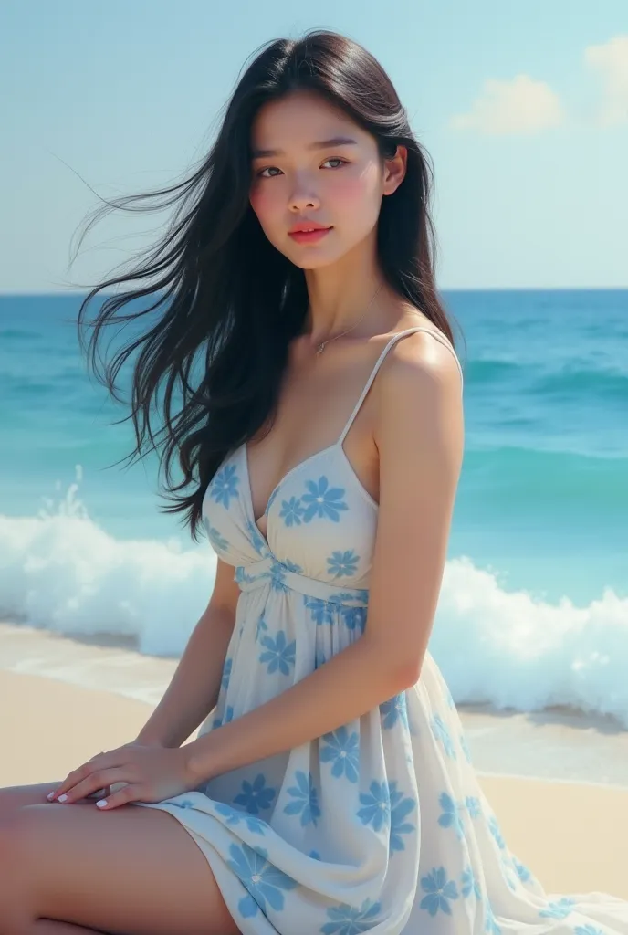 Ultra-realistic glossy oil painting. 4K quality, digital painting mode, peaceful female figure, long black hair moving like a gentle breeze, sparkling soft blue eyes, wearing a simple, elegant patterned white and light blue dress, standing on a calm beach ...