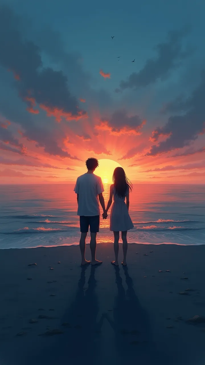 A scenery of a Sunset with a couple holding hands while staring at the sunset as they stood on the shore but make it somewhat sad and add a little bit of blue color