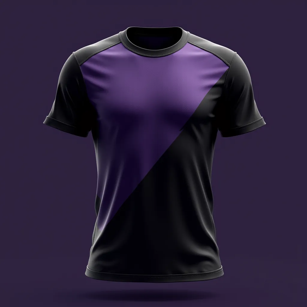 Create a unique sporty monkup t-shirt for a volleyball team, The t-shirt has dark purple and black colors. Team t-shirt with beautiful and minimalist print