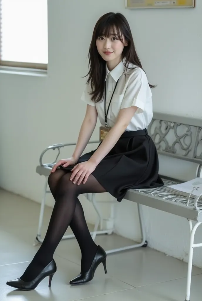 (    photorealism   :1.2)、 full body portrait 、Smelling black high socks 。 Beautiful Japanese Models、39;  thick legs、  woman  、39;    cheerleader uniform     、   business files、I'm hanging a security card from my neck　black high heels   、smile、Bench on the...