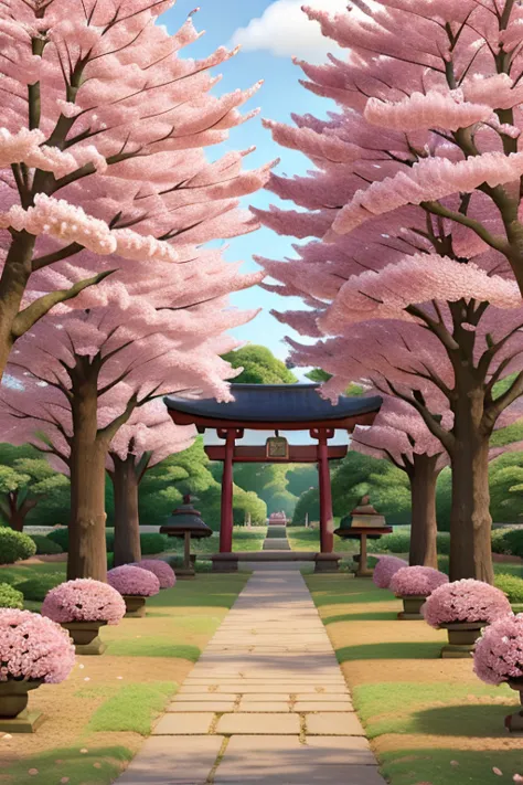 Cherry Blossom Trees in the Valley of Buildings, Foxes gathering in a cherry blossom tree, Red Torii Under Cherry Trees, Old Shrine Surrounded by Cherry Blossom Trees, Stone Lanterns Under Cherry Trees, Cherry Blossom Scattering Sando, Cobblestones,