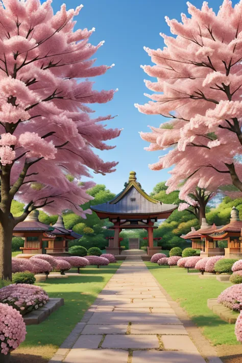 Cherry Blossom Trees in the Valley of Buildings, Foxes gathering in a cherry blossom tree, Red Torii Under Cherry Trees, Old Shrine Surrounded by Cherry Blossom Trees, Stone Lanterns Under Cherry Trees, Cherry Blossom Scattering Sando, Cobblestones,