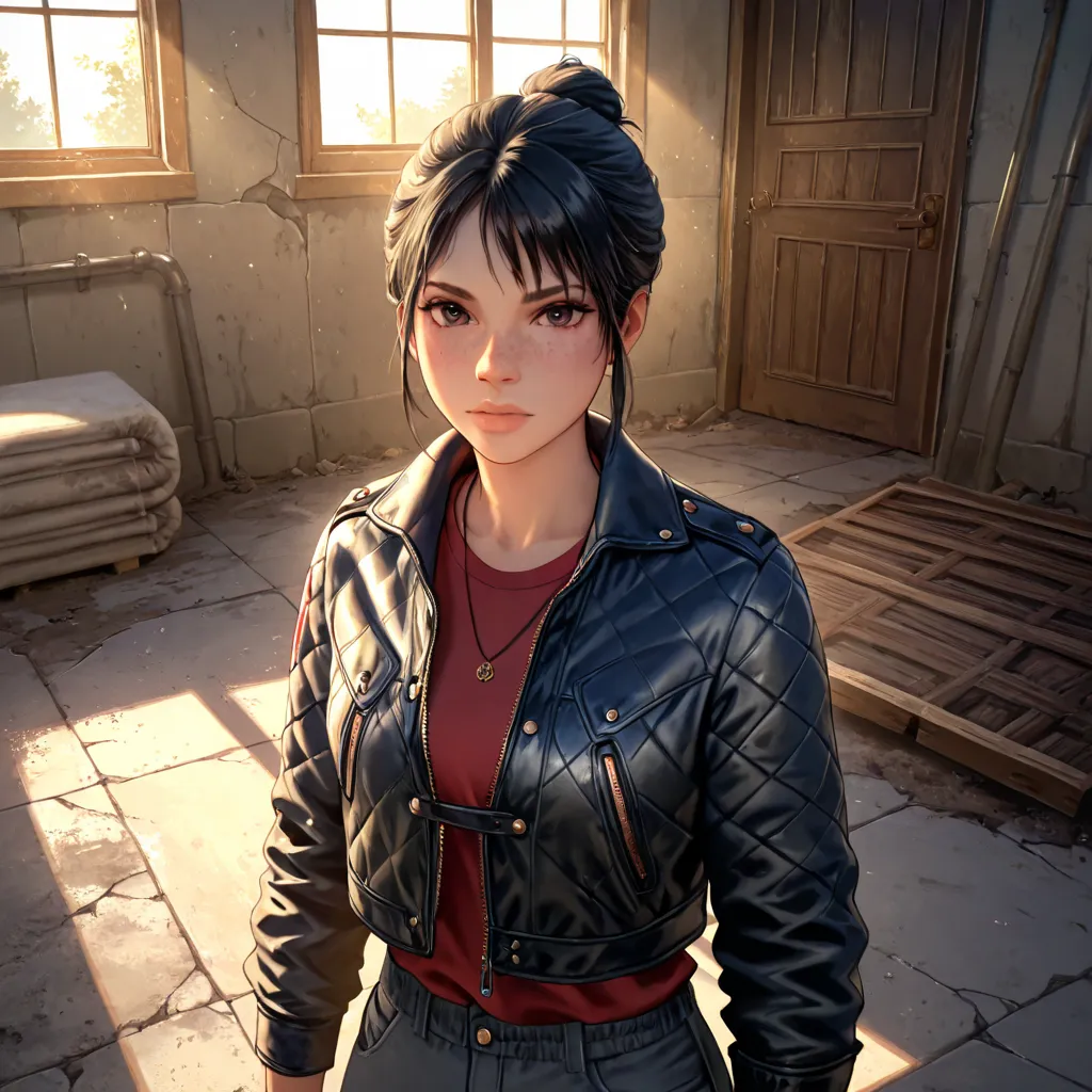 score_9,score_8_up,score_7_up, solo, 1girl, pants, braid, necklace, armor, short hair, red shirt with gold pattern, calm down, hair bun, leather jacket, nose, freckles, closed lips, fair skin, black hair, looking at viewer, BREAK, concrete floor, dirty pud...