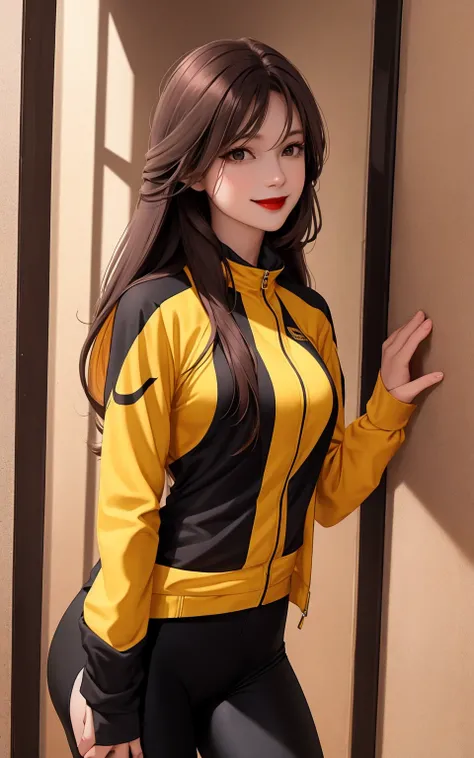 woman , long hair brown, normal, dark, she is solo, from alternative world ,best quality, realistic, cycling (full dark yellow color) suit and cycling sports black shorts, she is stand , smile, red lipstick , 