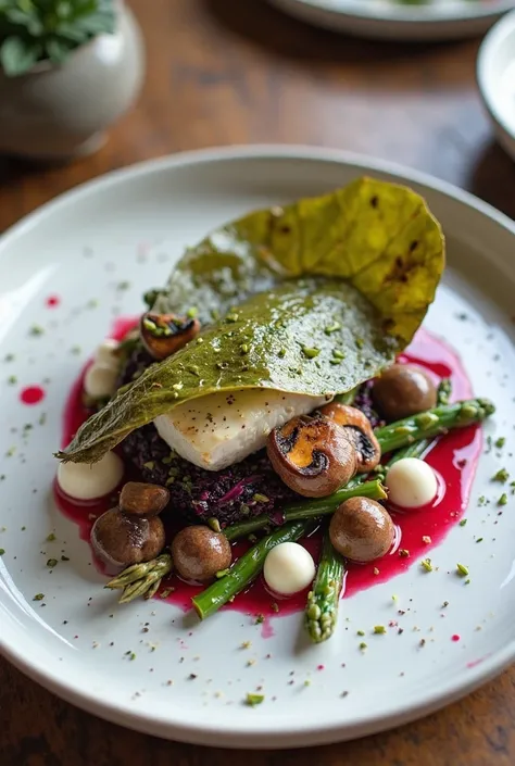 Create me a plate please where you can see a white fish roasted inside banana leaves served on asparagus and whole mushrooms under the fish, I want you to see on the plate a red brochaso of beetroot reduction and some crispy red cabbage and tapioca pearls,...