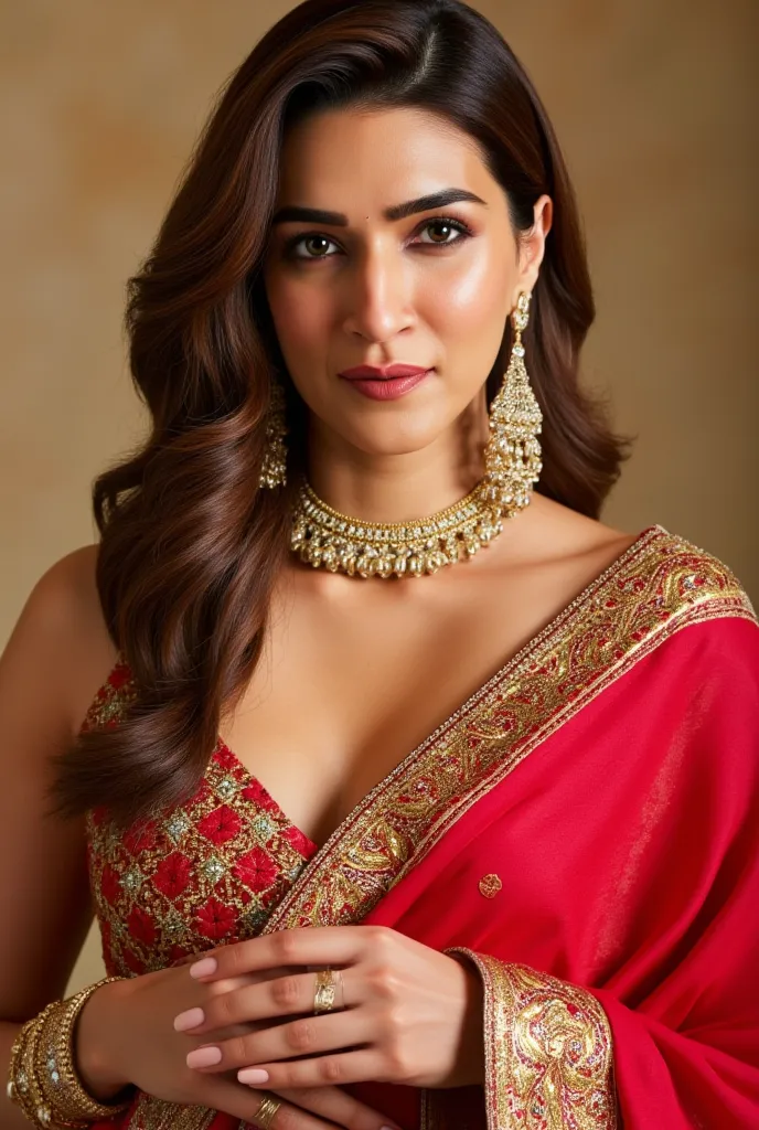 Chubby bollywood actress katrina face, extremely long curly hair high ponytail, gold earings, red himachali  costume, handbag, hd, nude