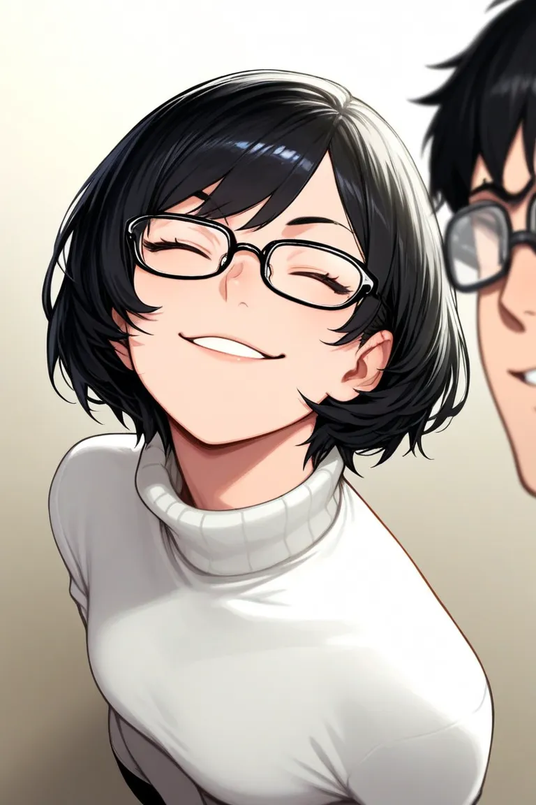 Short Hair, Glasses/Nerd, Black hair, White Turtle Neck Shirt, Smiling/Smirk at you with closed eyes, Babyface, Outside background, Full Body, High camera angle, Close camera angle, Big thighs, Full Turtleneck shirt.