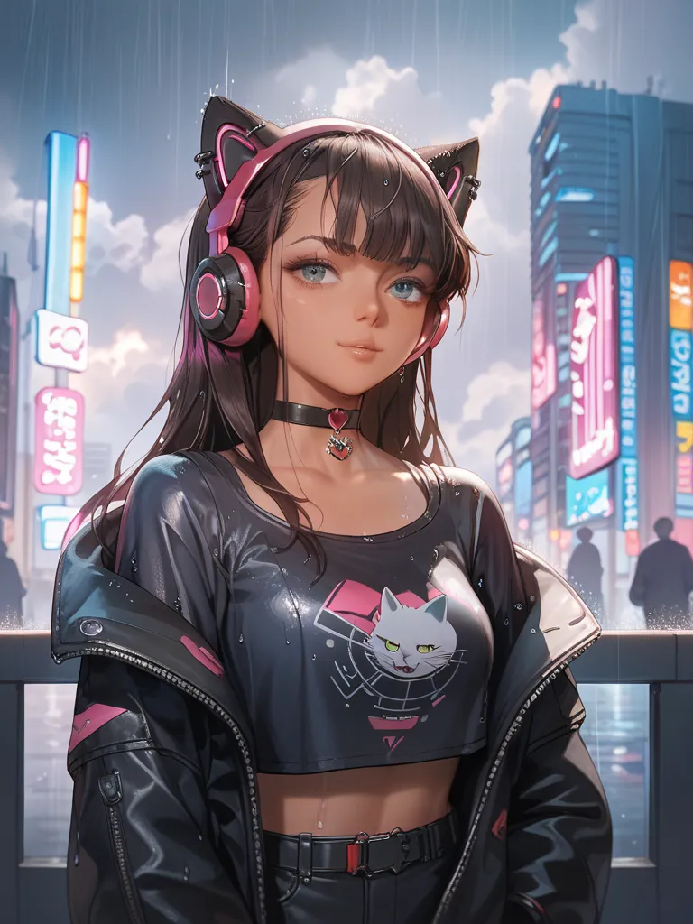 1girl, Long Hair, Brown Hair, Cat Ear headphones, goth fashion style,  black clothing, tan skin, anime style, choker, music producer, Cat,  lofi, neon colors in background, city vibes,  nighttime, rainy, cloudy, cyberpunk, space, 