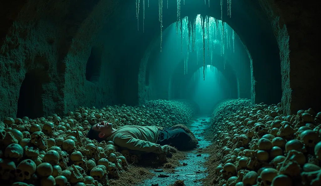 A cavernous underground chamber, dimly illuminated by eerie, blue-green bioluminescent fungi clinging to damp stone walls. Mark, his clothes torn and face smeared with dirt, lies on a crude bed of moldy straw and decayed fabric. Around him, endless piles o...