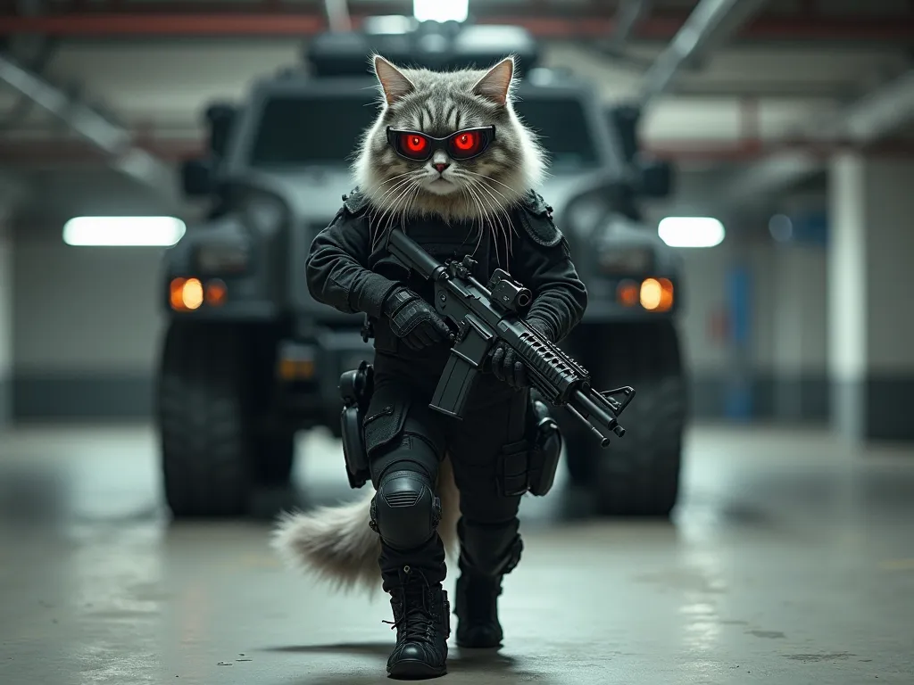 
"A highly detailed, ultra-realistic 4K cinematic image of a fluffy gray-and-white Maine Coon cat, fully outfitted in a complete elite tactical suit. The cat wears a form-fitting black armored bodysuit, a heavy-duty tactical vest with multiple pouches, hol...