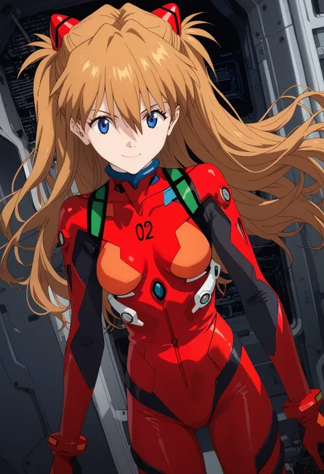 score_9, score_8_up, score_7_up, score_6_up, score_5_up, score_4_up,dutch angle,asuka langley soryu, long hair, bangs, blue eyes, brown hair, hair ornament,bodysuit, pilot suit, plugsuit, red bodysuit, interface headset,smile,