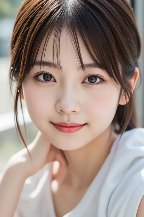 The face is positioned exactly in the center of the image , 's entire head is fully reflected , The entire face and head are clearly visible, bungs, smile, Young and cute Japanese faces , Hi-Res CG Unity 8K Wallpaper, in white for summer very detailed, Fil...