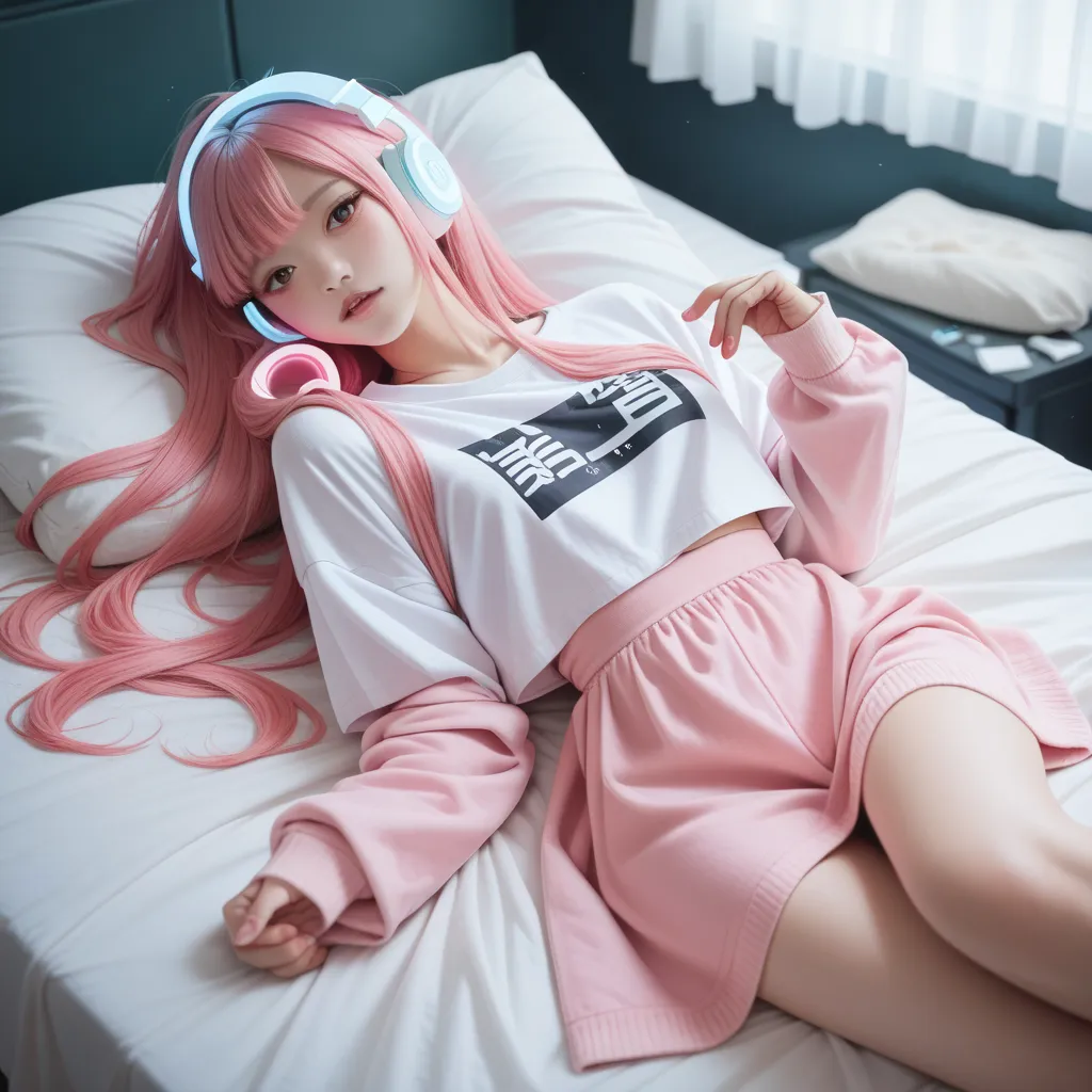 Japanese girl. Pink long hair with bangs.  Headphones. Future neon night. Lying on the bed 