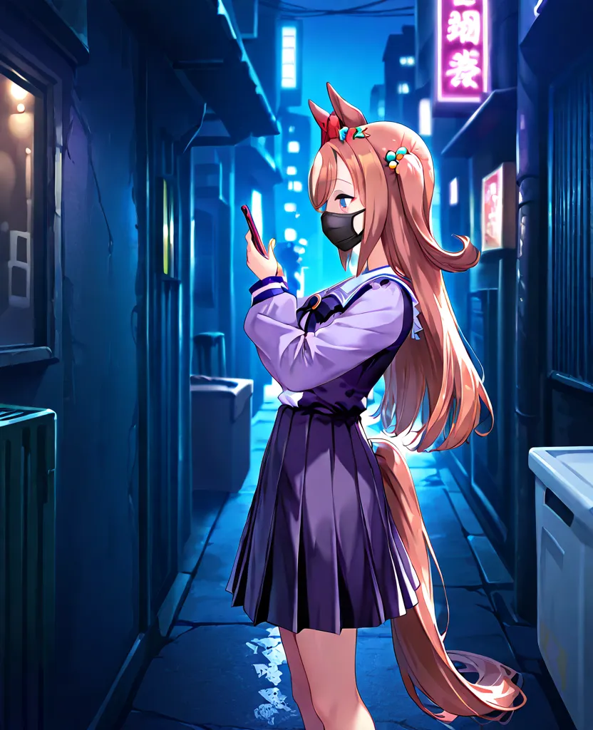 solo,standing,leaning_back,looking_at_phone,agnes_digital_(umamusume),jirai_kei,black_mask,alley,night,crowd