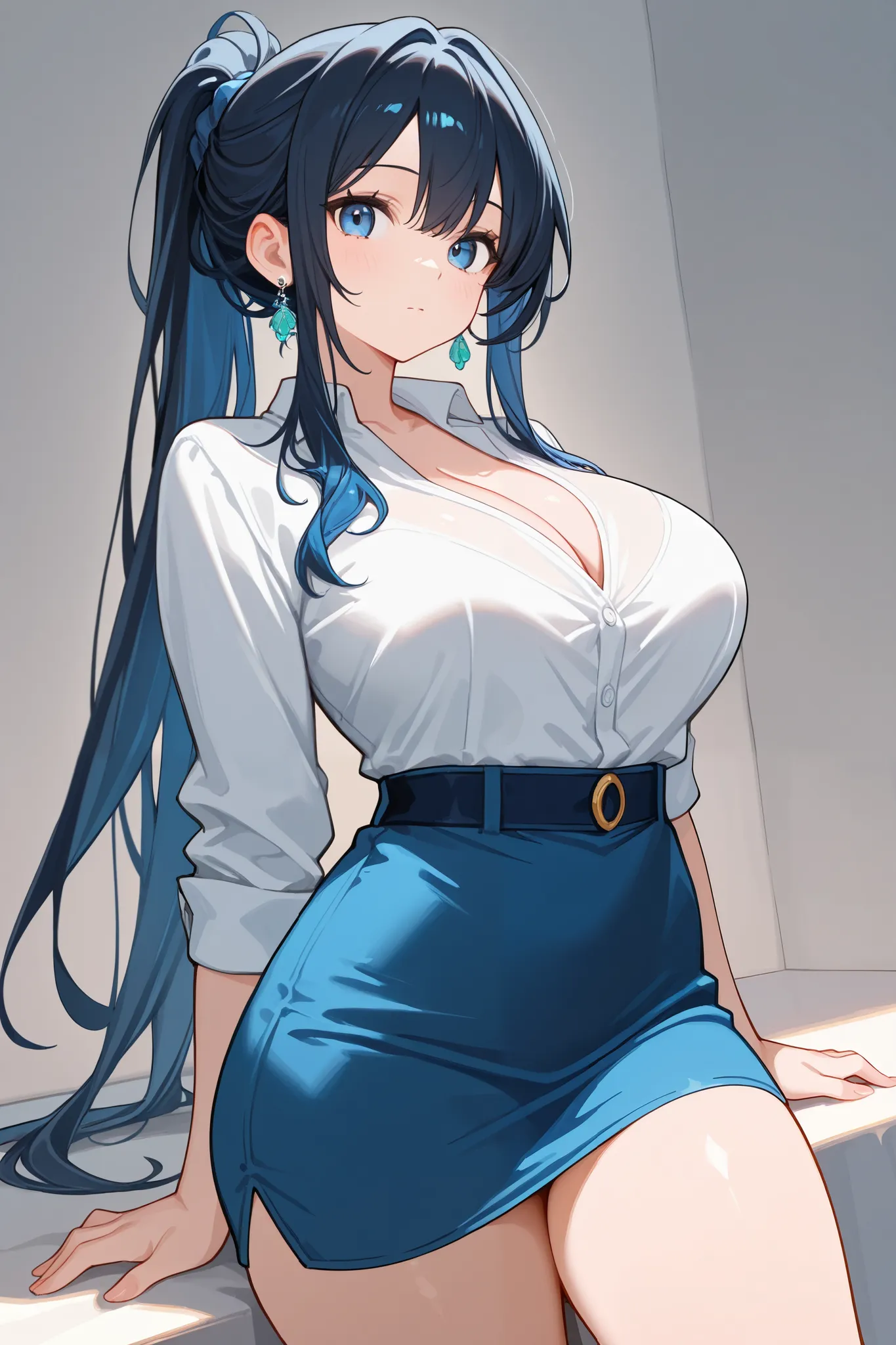 1 girl, Hair tied in ponytail, Black hair with some blue hair on the edges., blue eyes, but not bright, curvy body, wear a sexy work outfit, หน้าอกไซส์ปานกลาง, have a sliver earrings.