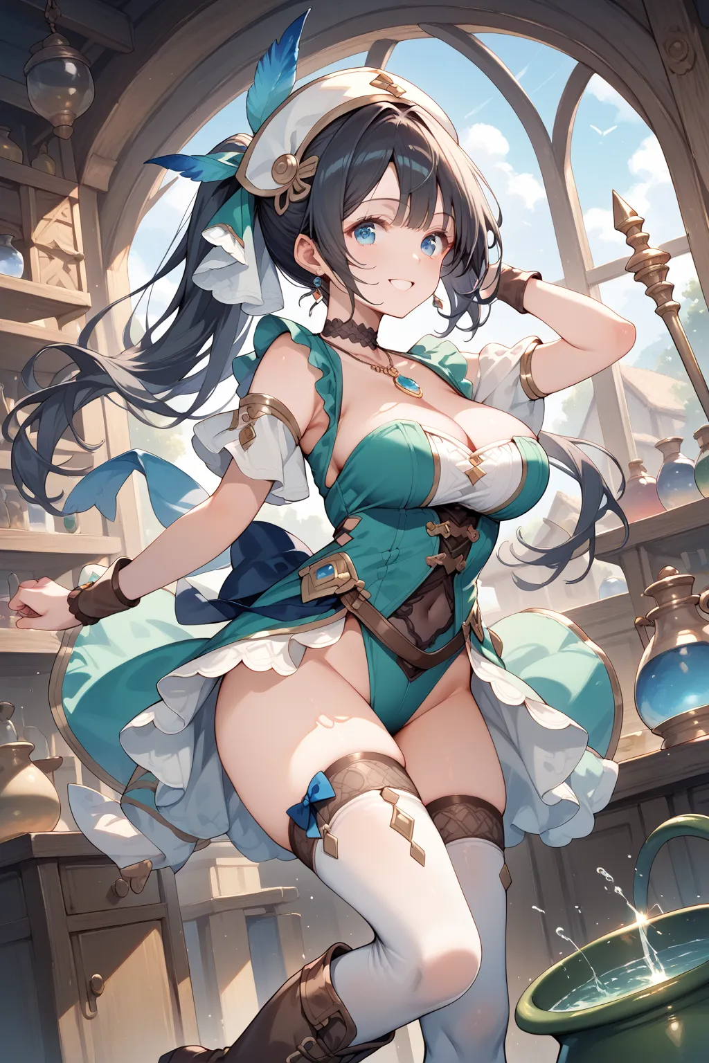 (masterpiece:1.2), (best quality:1.2), (very aesthetic:1.2), (absurdres:1.2), (detailed background), newest, intricate details, perfect anatomy, anime style, dutch angle, large breasts, thighs,
smile,
(black_over_thighhighs),,atelier outfit, atelier cap, b...