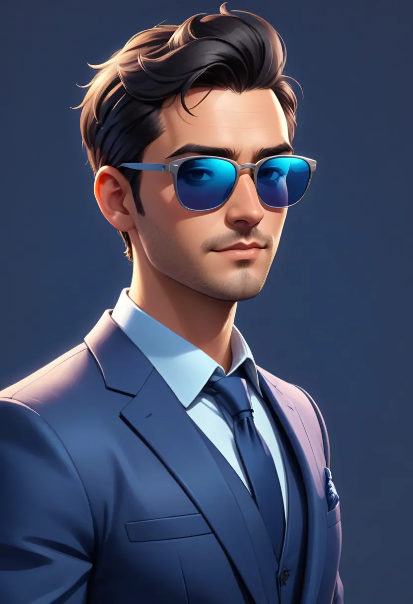 a gentleman with sunglasses, beautiful suit , digital paint look, painting 3D, casual game style, paired with a casual modern jacket, front light lighting, solid background portrait