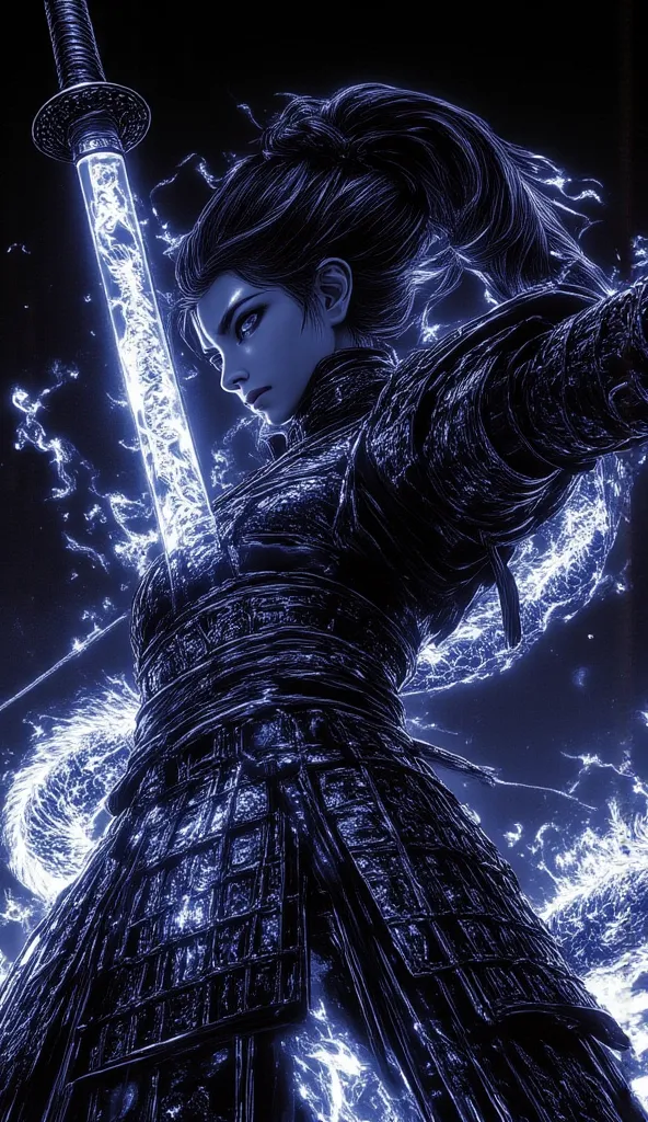 Female Samurai  ,Tetsuya Nomura style illustration, 3D inkjet painting  ,anime style fantasy illustration.  The magic sword glows pale white. demon pattern.  long hair. dynamic sword waving.  dynamic action，8k,